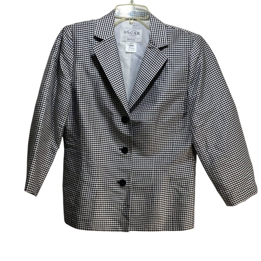 Oscar De La Renta Silk Blazer Women 12P Buffalo Plaid Black Old Money 3/4 Sleeve